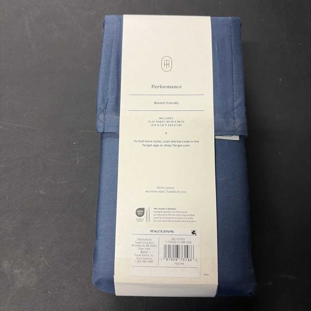 Full 400 Thread Count Performance Flat Sheet Metallic Blue Threshold Cotton 0577